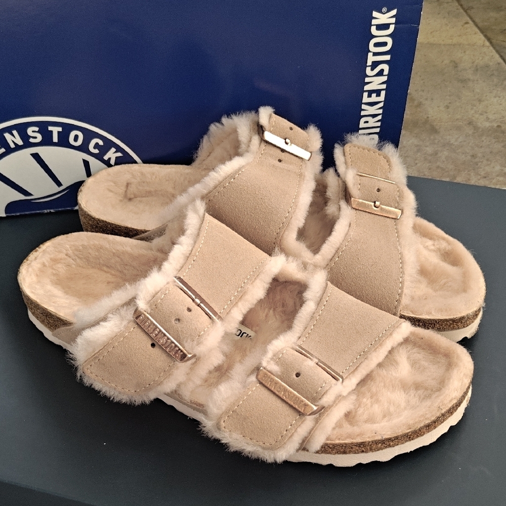 Birkenstock Arizona Fur Sandals In Nude - EU 39B